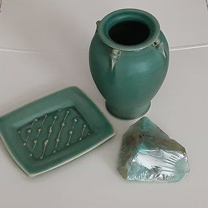 Jade green ceramic bathroom set - vase, soap dish, soap NEW
